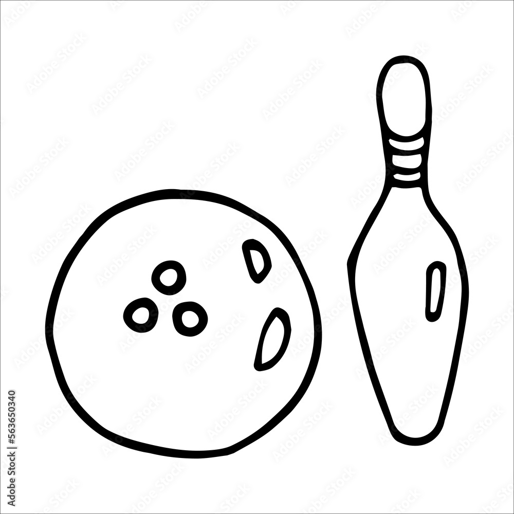 Bowling ball and skittle set doodle style vector illustration isolated on white Bowling ball and skittle set doodle style vector illustration isolated on white