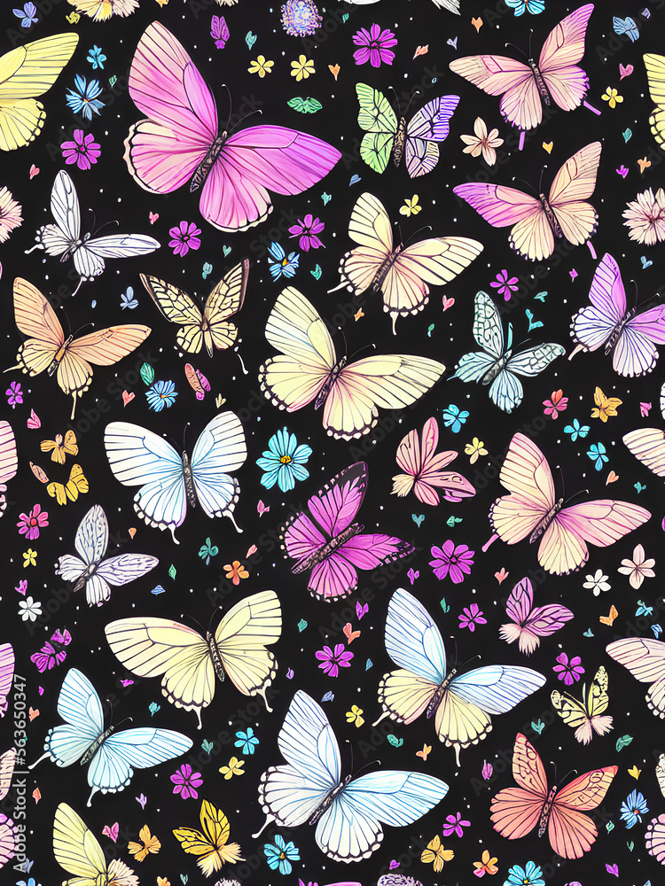 Butterflies and flowers in dark background