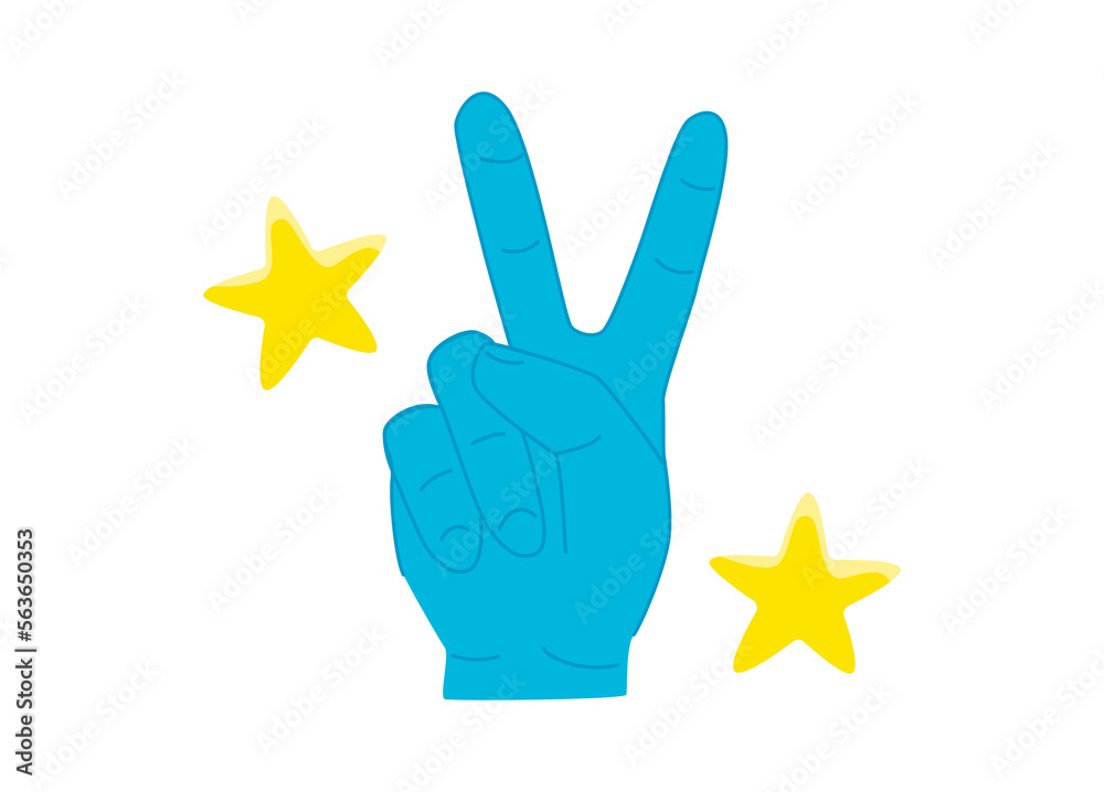 Human hand with two fingers shows victory and peace gesture. Illustration in cartoon sticker design Human hand with two fingers shows victory and peace gesture. Illustration in cartoon sticker design