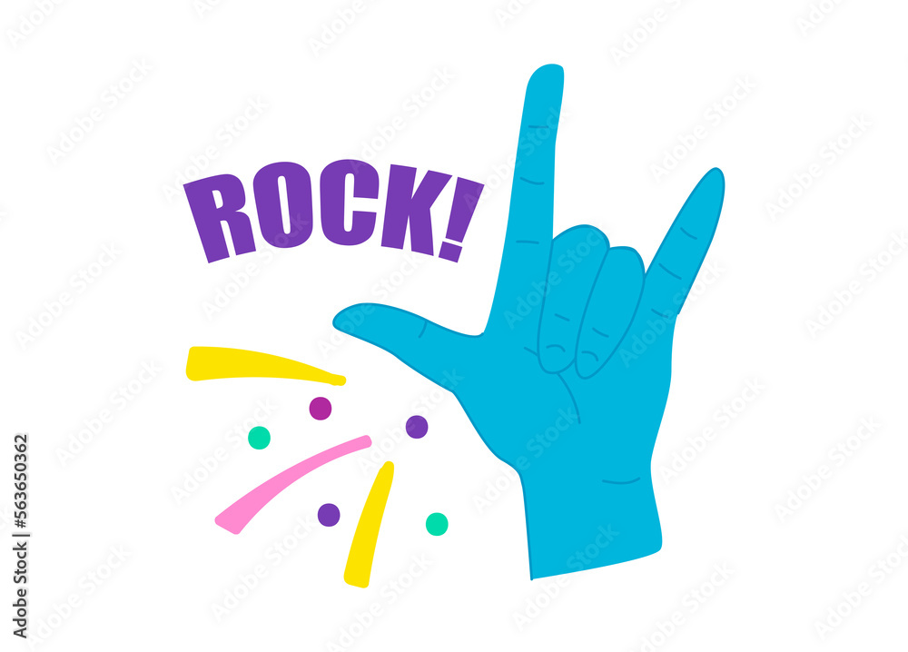 Human hand with two fingers shows gesture of rock music party. Illustration in cartoon sticker design Human hand with two fingers shows gesture of rock music party. Illustration in cartoon sticker design