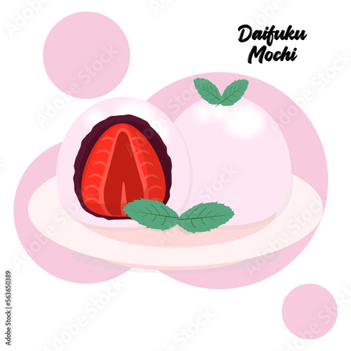 Daifuku mochi with strawberry filling. Traditional Japanese dessert fruit rice cake