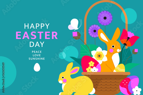 Happy Easter banner concept. Vector cartoon illustration in a trendy flat style of the basket with spring flowers, bunny, and easter eggs, isolated on a green background. A place for your text