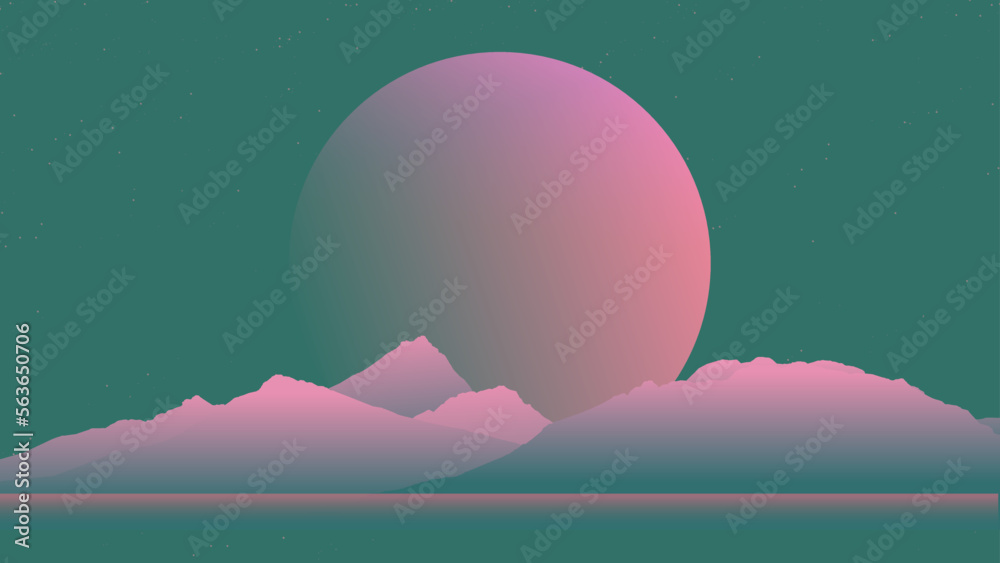 Aesthetic illustration of soft pastel neon mountain and big sunset view landscape, nostalgia retrowave / vaporwave VHS vibes mono pastel pink and green gradient - obrazy, fototapety, plakaty 