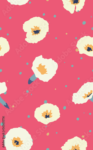 Tropical white Morning glory flowers on pastel pink background, flat tropic cute summer seamless pattern