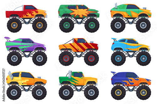 Monster trucks. Big cars with big tires for extreme shows. Powerful off-road machines. Vector illustration