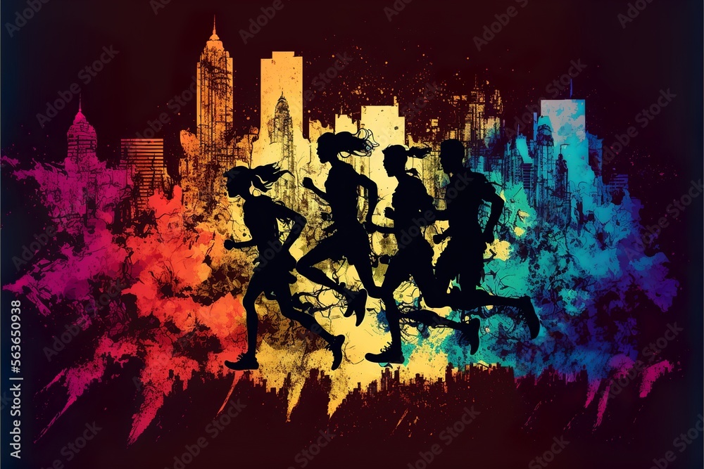 Dynamic marathon runners silhouette running in a big city with colorful urban skyscrapers silhouette background