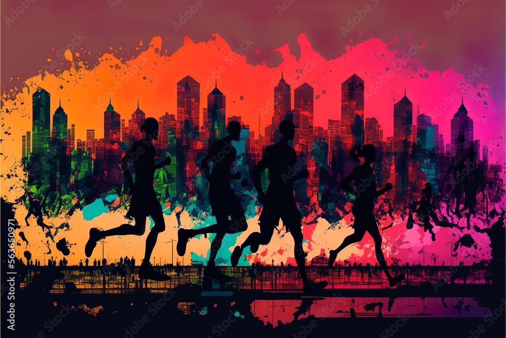 Fototapeta premium Dynamic marathon runners silhouette running in a big city with colorful urban skyscrapers silhouette background