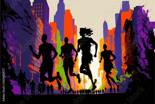 Dynamic marathon runners silhouette running in a big city with stilized colorful urban skyscrapers silhouette background photo