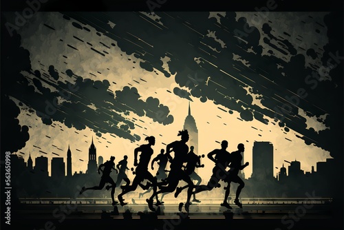 Dynamic marathon runners silhouette running in a cloudy stormy big city silhouette background with skyscrapers and with a sepia filter