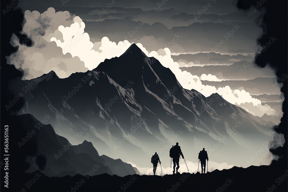 Peaceful hikers silhouette surrounded by pine trees in the mountains watching a snow-covered high central peak mountain silhouette