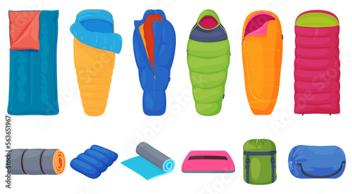 Tourist sleeping bags. Travel, outdoor recreation, fresh air. Comfortable sleep in the open sky. Vector illustration