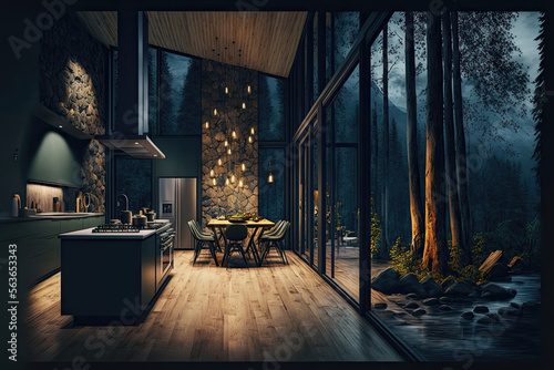 Cozy Luxury in the Woods: A Modern Kitchen with Wooden Floor, Stone Wall and Large Windows. Generative AI