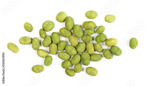 Wasabi coated peanuts isolated on white background, top view