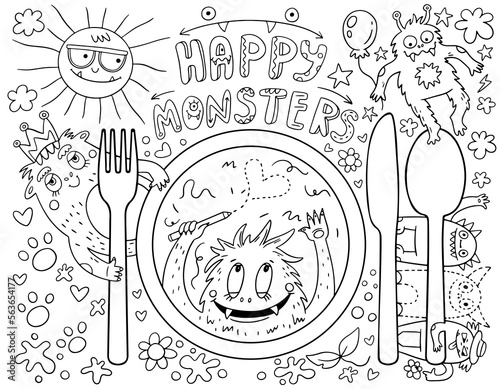 Happy Monsters placemat for kids. Coloring printable activity mat with monsters illustration. Nature adventure black and white play mat or coloring page. photo
