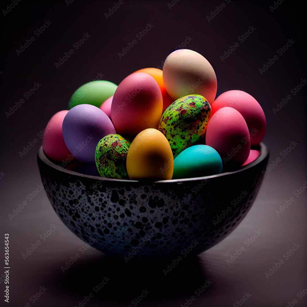 Eastern colorful eggs in a bowl created by Generative AI technology