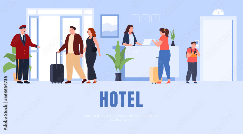 Hotel reception on the first floor. Service staff of the hotel. Have a nice rest on the trip. Vector illustration
