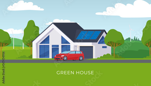 Ecological private house with solar panels and eco energy. Vector illustration