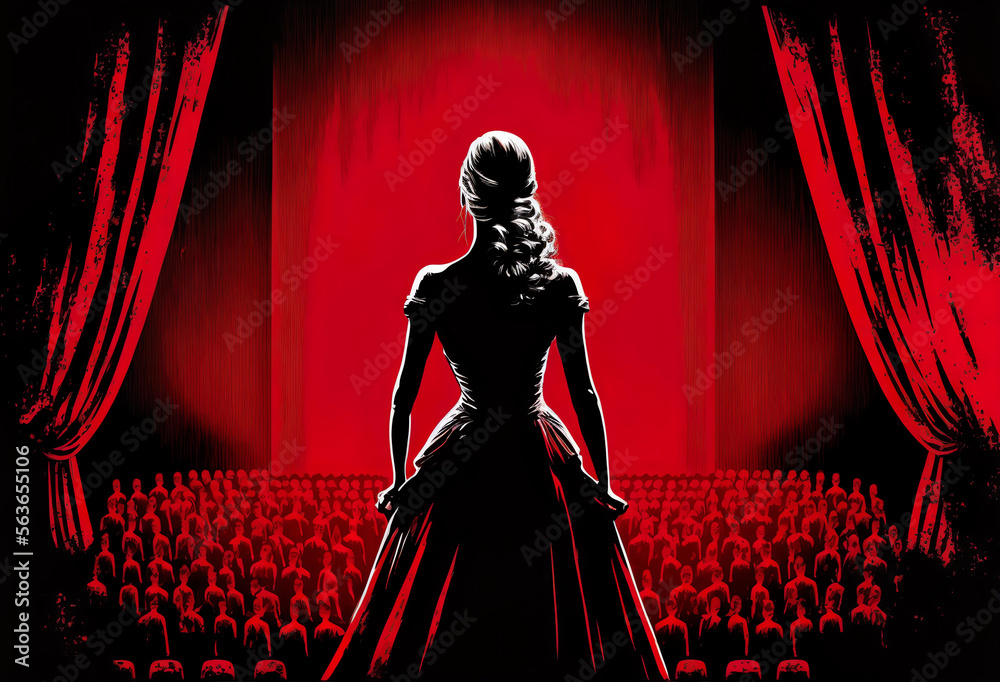 An young attractive actress in long dress standing on a theatre stage. Back view. Red and black illustration. Created with Generative AI. Not a real person. - obrazy, fototapety, plakaty 