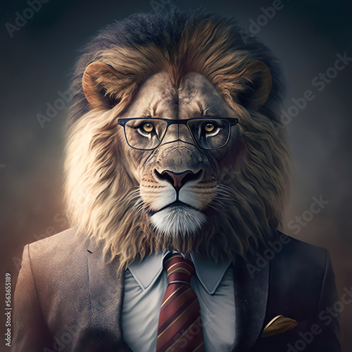 A Portrait of a lion in glasses in a business suit. Created with Generative AI. photo