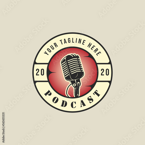old microphone emblem logo vintage vector illustration template icon graphic design. podcast station sign or symbol for broadcast or radio concept with retro circle badge typography style