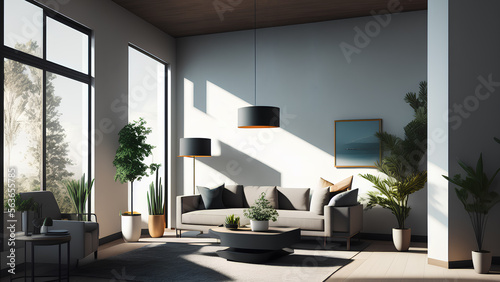 Living room with modern stylish sofa, plant and lamp. Spacious interior template. Generative AI