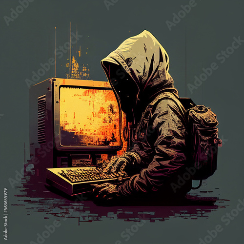 Anonymous Hacker Next to Vintage Computer, , Generative AI Illustration photo