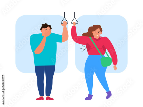 suffering man covering his nose woman with wet armpit sweat bad smell in public transport vector illustration