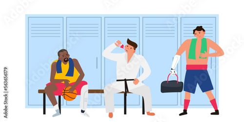 three sportsmen with prosthetic arm and leg at gym  locker  room vector illustration