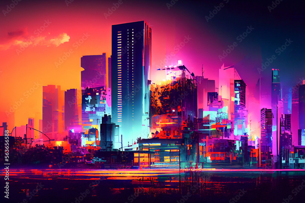 Neon city in metaverse illustration. Futuristic cyber city cityscape. Empty road with neon lights. Generative AI, dripping paint