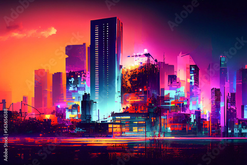 Neon city in metaverse illustration. Futuristic cyber city cityscape. Empty road with neon lights. Generative AI, dripping paint © Sergey