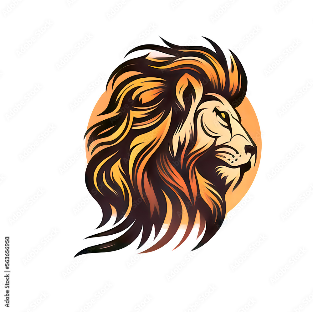 logo of the head of a lion in profile, drawing with elegant ink lines in cartoon style with yellow and orange colors, isolated with a sun in the background - symbol for a brand label or a tattoo