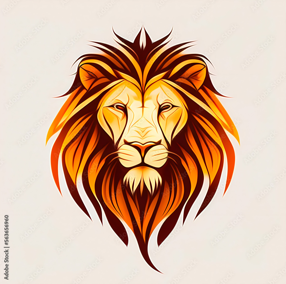 logo of the head of a lion, drawing with elegant ink lines in cartoon style with yellow and orange colors, isolated over a beige background - symbol for an epic brand label