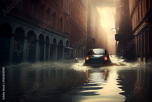 Überflutete Straße nach Unwetter durch den Klimawandel und die Erderwärmung. Überschwemmtes Auto in der Stadt nach starken Regen. Generative Ai