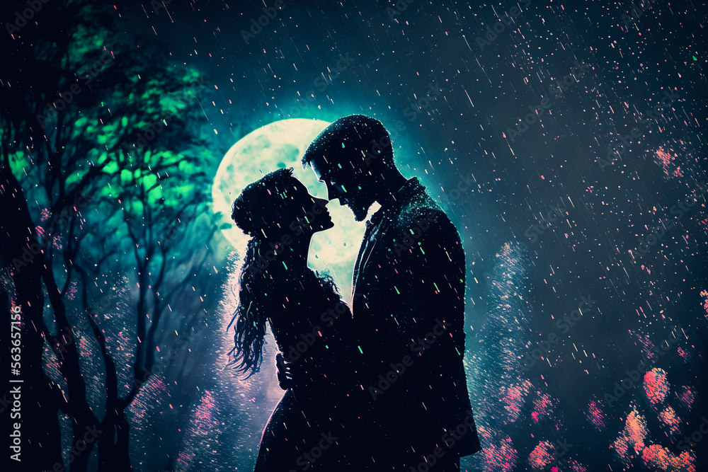 Couple in love hugging and kissing on a rainy night, generative ai ...