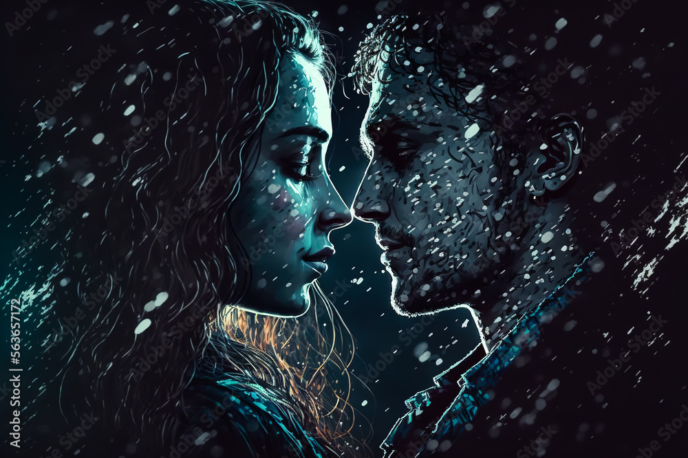 Couple in love hugging and kissing on a rainy night, generative ai ...