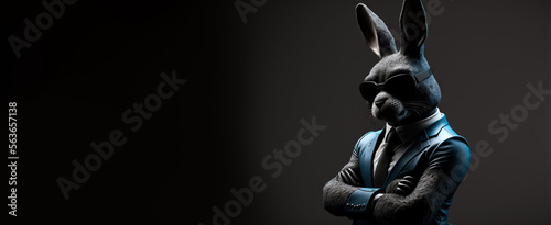 Greeting card with an bunny in buisness suit with black sunglasses. Symbol 2023 year in man in black style, generate AI 