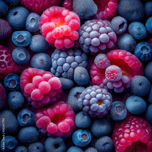 Frozen raspberry and blackberry background. Generative Ai
