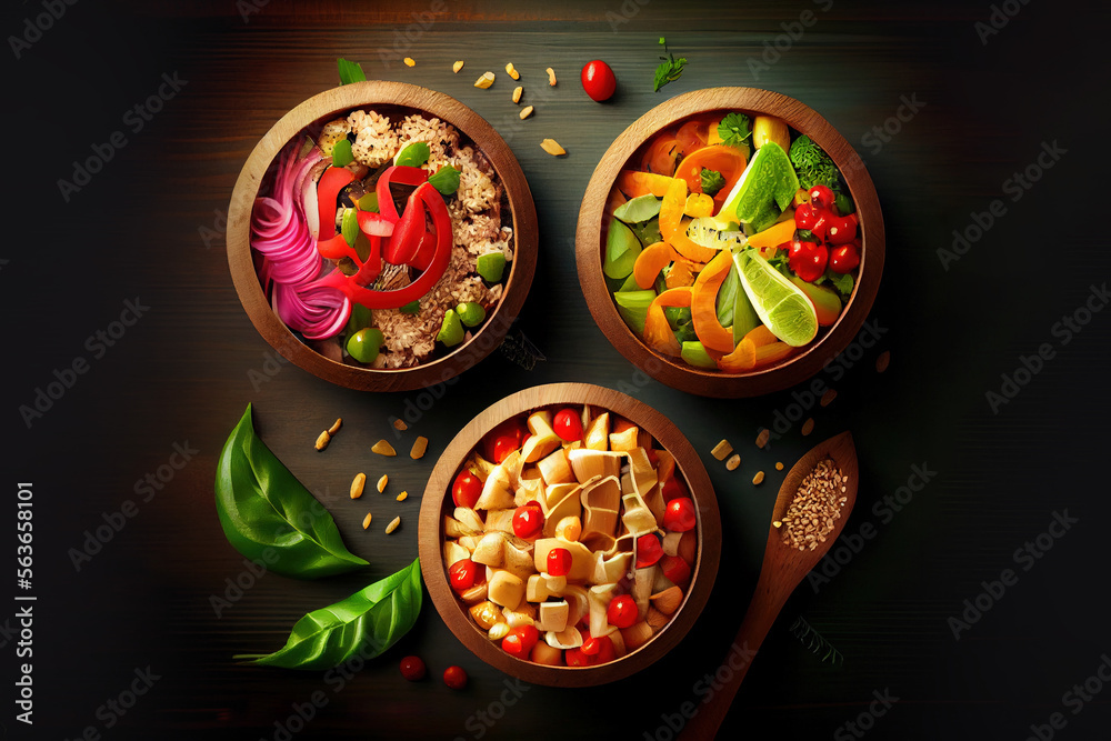 vegetarian food in wooden bowls top view. Generative Ai