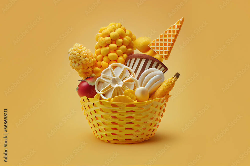 Wicker basket full of fruits over yellow background. Generative Ai
