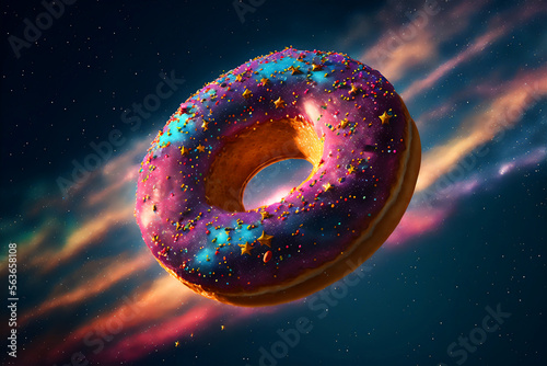 Sweet donut in pink cream and powder hovers and flies in the space of the Universe around stardust. The concept of extraterrestrial sweetness. Generative AI technology.