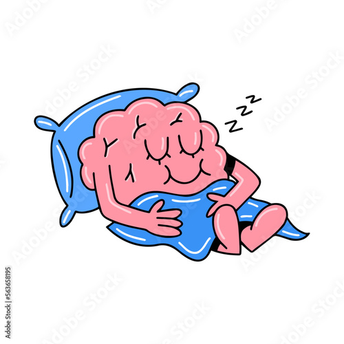 Brain emotion vector cartoon character cute face sleep peacefully closed eyes have rest relax pillow blanket isolated on white background