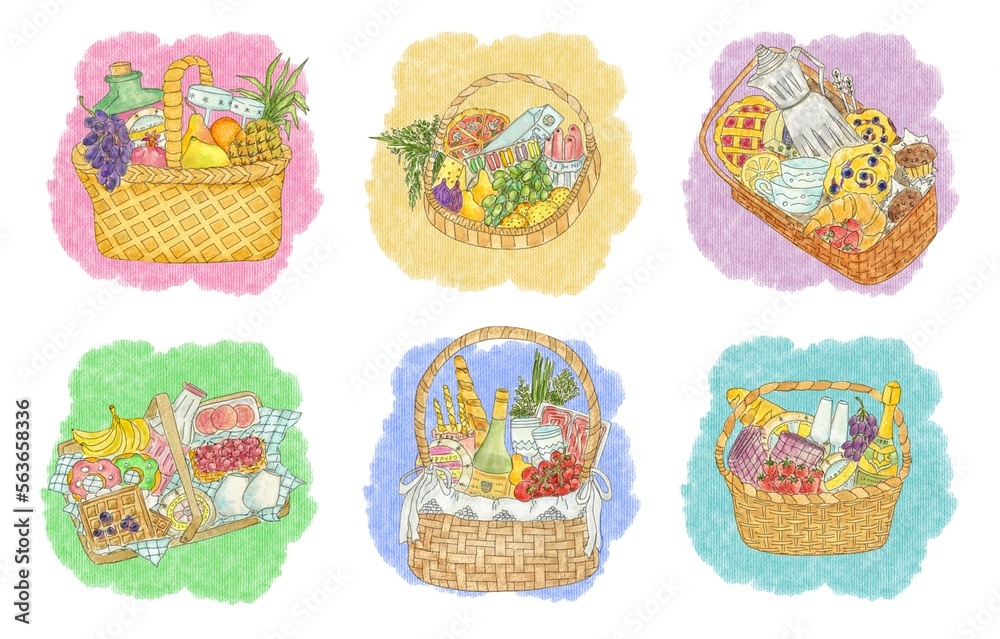 Picnic baskets set, watercolor illustration for card, invitation, poster
