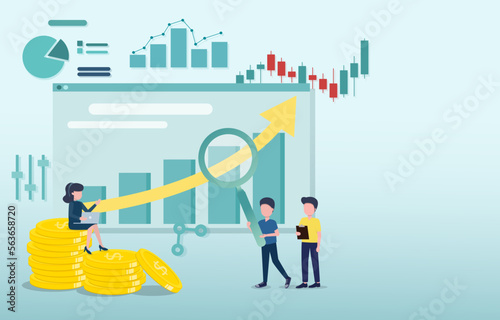 Business idea. A woman sits on a stack of coins with two men discussing growth stocks. Financial strategies, investments and financial success. Vector illustration Eps 10.