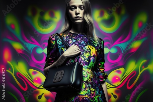 Women holding fashion handbag in psychodelic design, generative ai