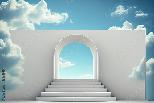 Front view of white podium and stairway with blank space in blue cloudy sky background