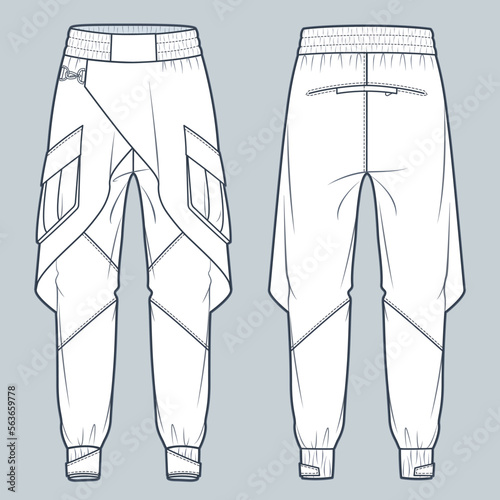 Wrap Jogger Pants technical fashion illustration. Denim Pants fashion flat technical drawing template, pocket, elastic waistband, front and back view, white color, women, men, unisex CAD mockup.