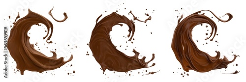 A collection of realistic illustrations of melted chocolate cream with splashes isolated on a white background, suitable for showcasing delicious food products. Generative AI.