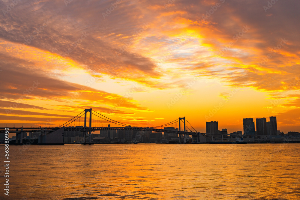beautiful sultry sunset landscape with silhouette of famous Rainbow Bridge Tokyo, Japan, travel background