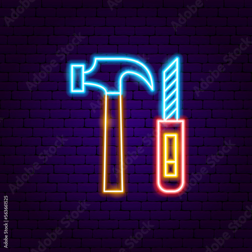 Hammer and  Stationery Knife Neon Sign. Vector Illustration of Handmade Promotion.