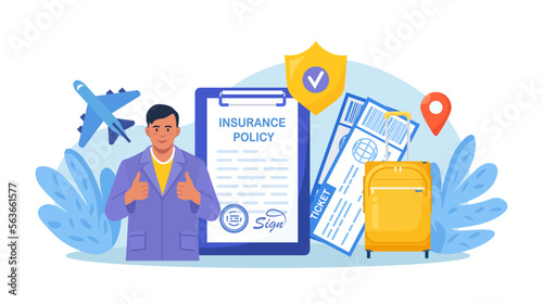 Travel Health Insurance. Life Protection and Security of Property from Damage, Accident. Man Traveling with Insurance. Tourist with Luggage, Tickets in Airport. Safe Vacation and Tourism